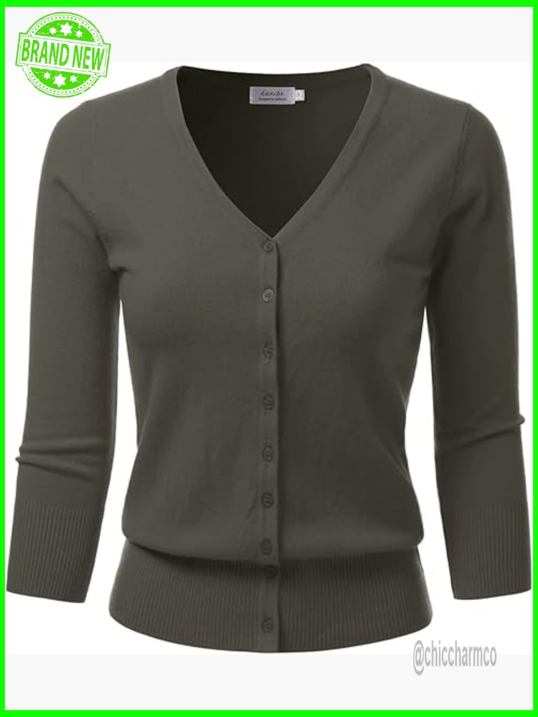 3/4 Sleeve V-Neck Button Down Knit Cardigan Sweater (S-Xxl)